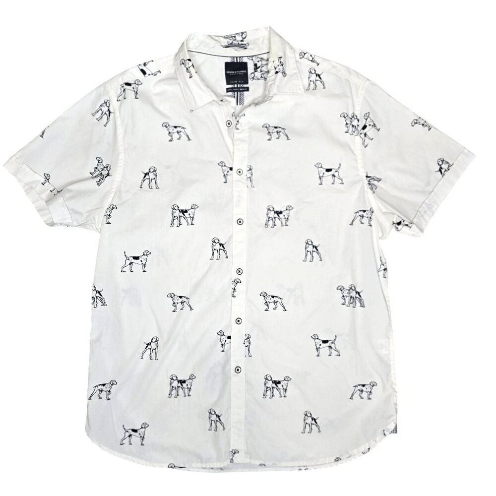 Denim & Flower Nicky Slim Fit Short Sleeve Button-Up Shirt L Dog Print White